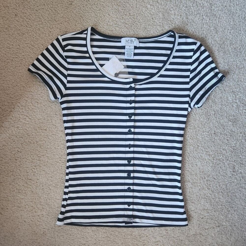 Just Polly Striped Button Front Ribbed Babydoll Shirt Cropped Black White Size S